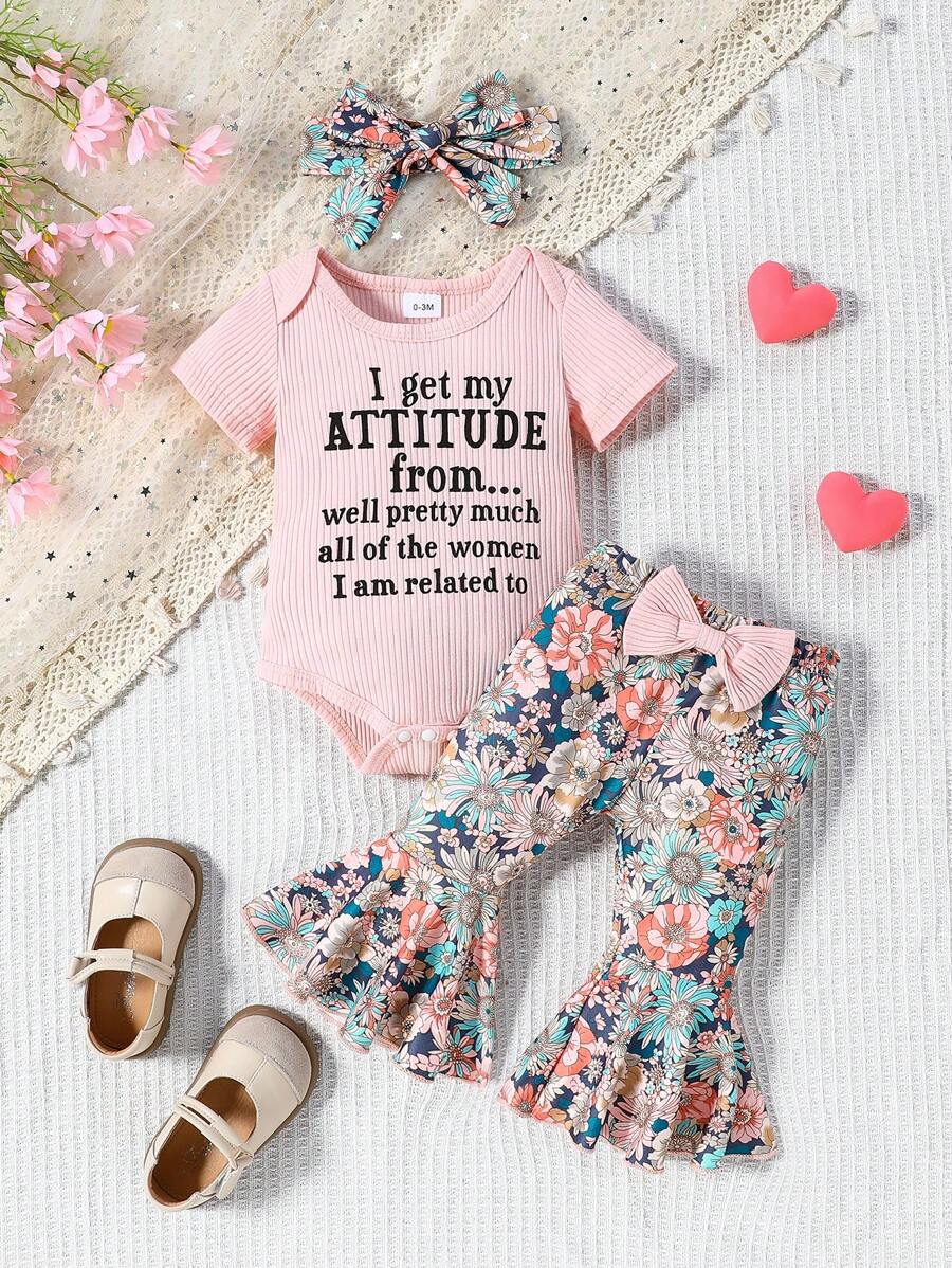 3PCS Baby Letter Print Bodysuit and Floral Flare Pants Set with Matching Headband