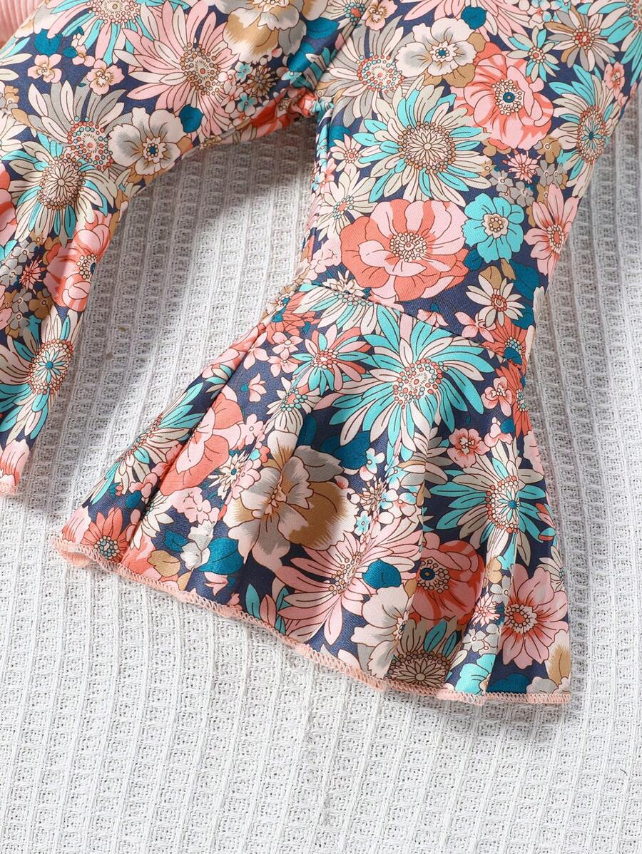 3PCS Baby Letter Print Bodysuit and Floral Flare Pants Set with Matching Headband