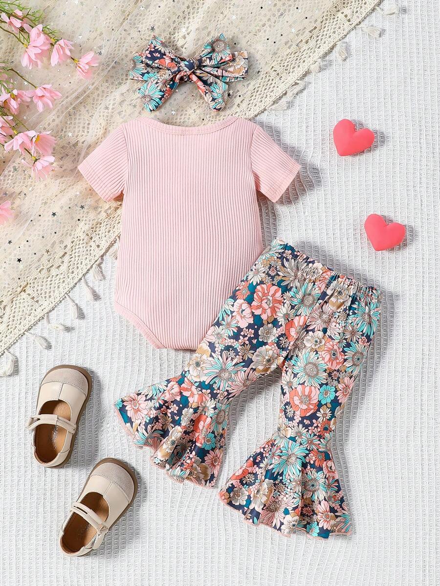 3PCS Baby Letter Print Bodysuit and Floral Flare Pants Set with Matching Headband