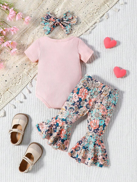 3PCS Baby Letter Print Bodysuit and Floral Flare Pants Set with Matching Headband