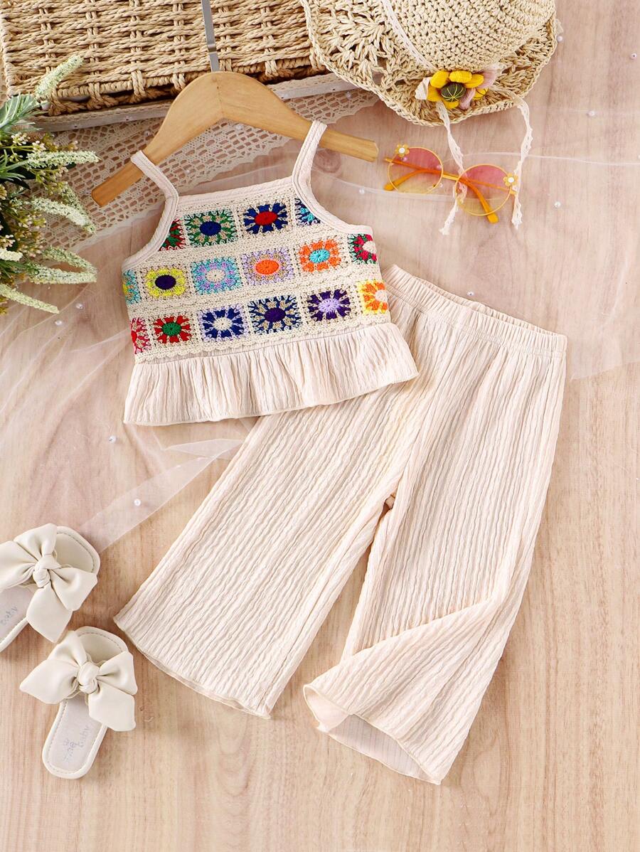 Delicate Strap Top And Solid Pants Set For Toddler Girls Casual Outfit