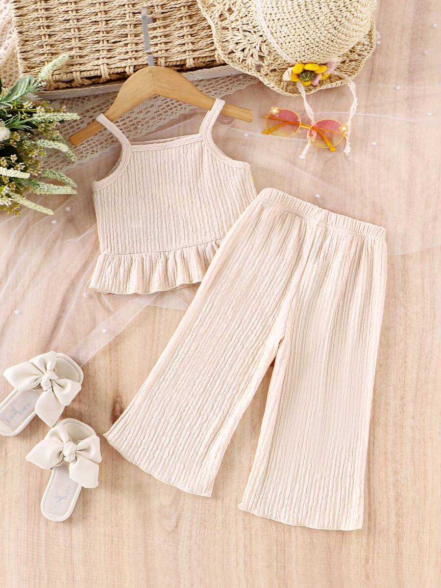Delicate Strap Top And Solid Pants Set For Toddler Girls Casual Outfit