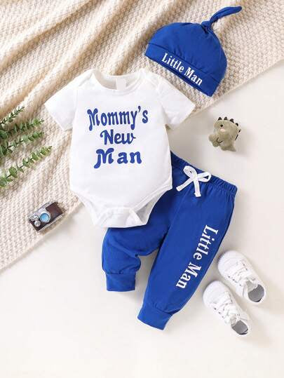 Cute Baby Boy Letter Print Bodysuit & Sweatpants Matching Set for Spring Summer