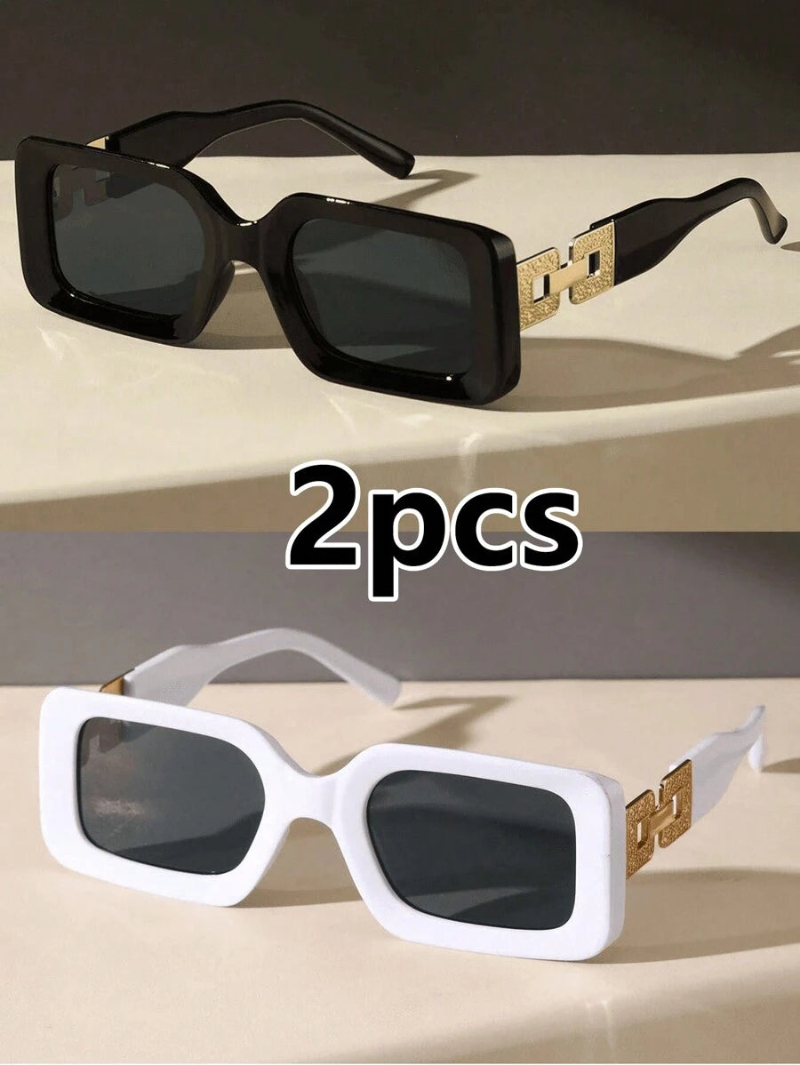 2 Pcs Black Square Fashion Glasses Set – Elegant Chain Decoration, Casual Luxury Eyewear Pack for Outdoor Travel & Photo Taking