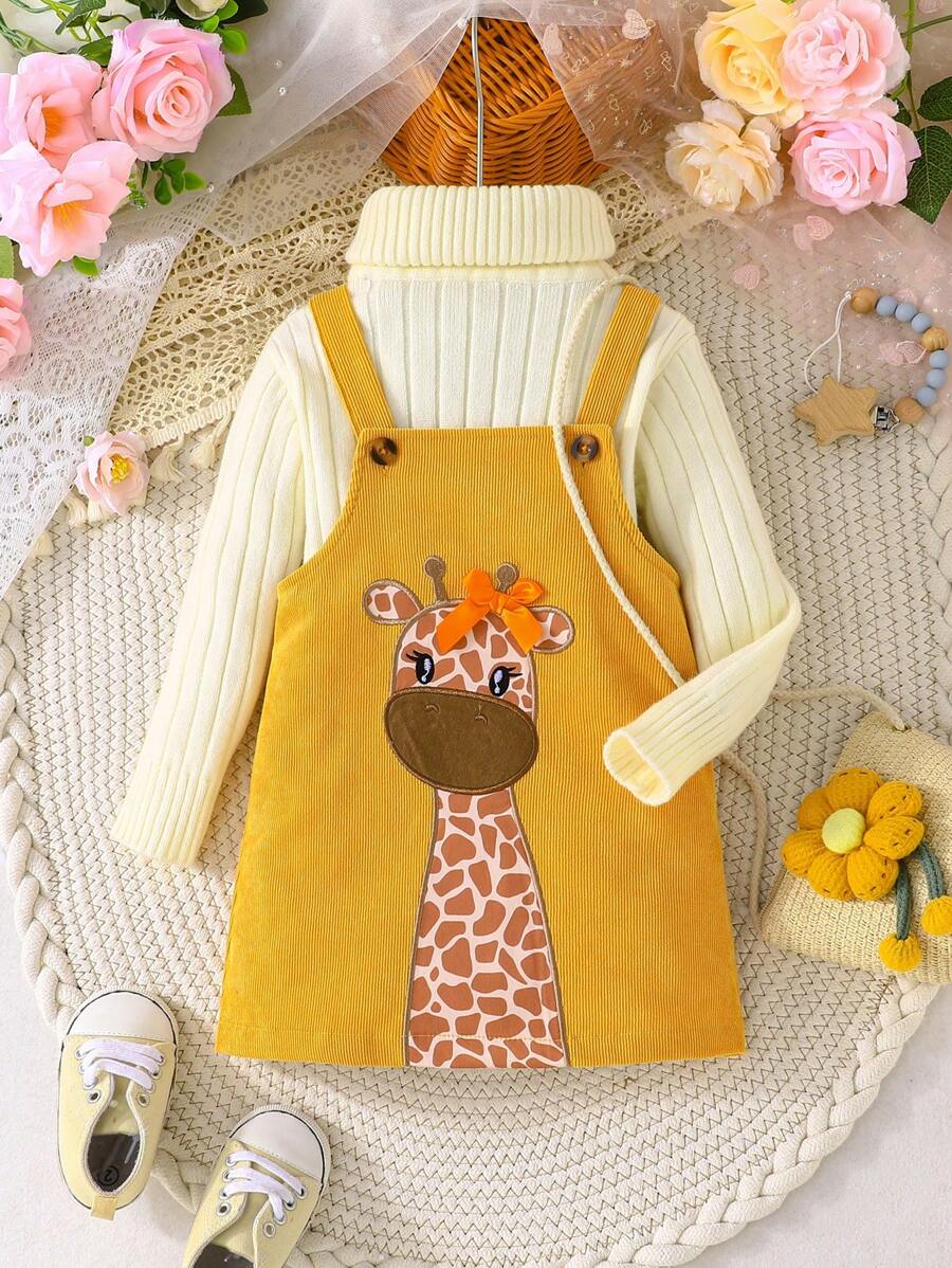 Spring Autumn Suspender Dress - Cute Casual Embroidered Deer Outfit for Baby Girls