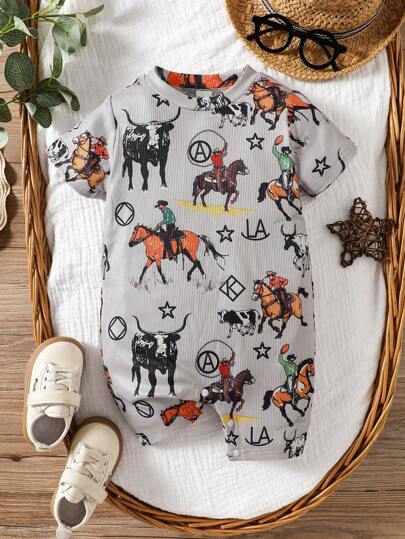 Baby Boy Casual Print Short Sleeve Romper Summer Crew Neck Outfit