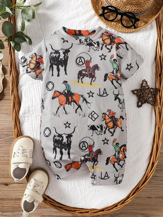 Baby Boy Casual Print Short Sleeve Romper Summer Crew Neck Outfit