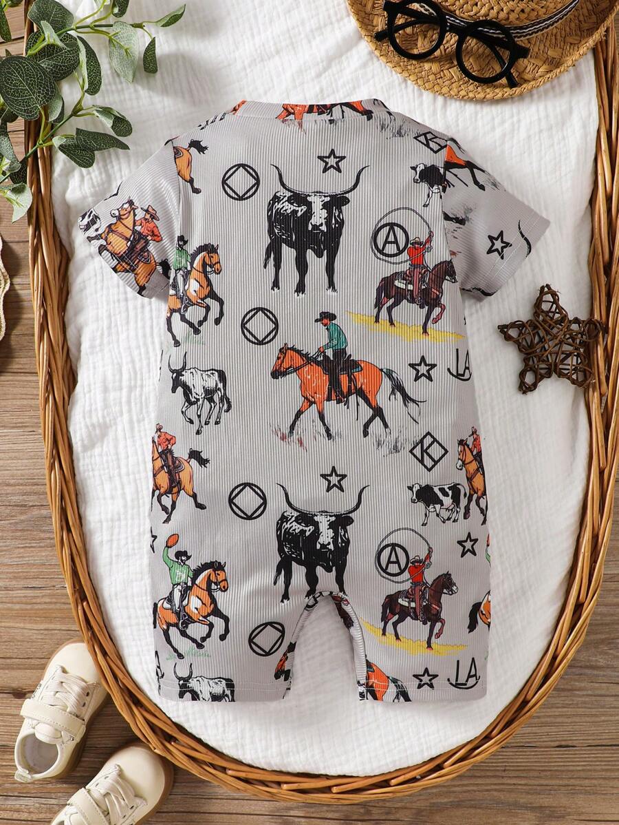 Baby Boy Casual Print Short Sleeve Romper Summer Crew Neck Outfit
