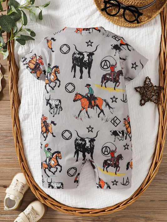 Baby Boy Casual Print Short Sleeve Romper Summer Crew Neck Outfit