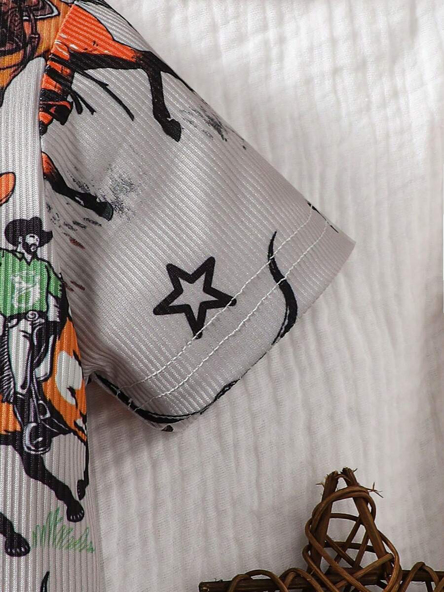 Baby Boy Casual Print Short Sleeve Romper Summer Crew Neck Outfit