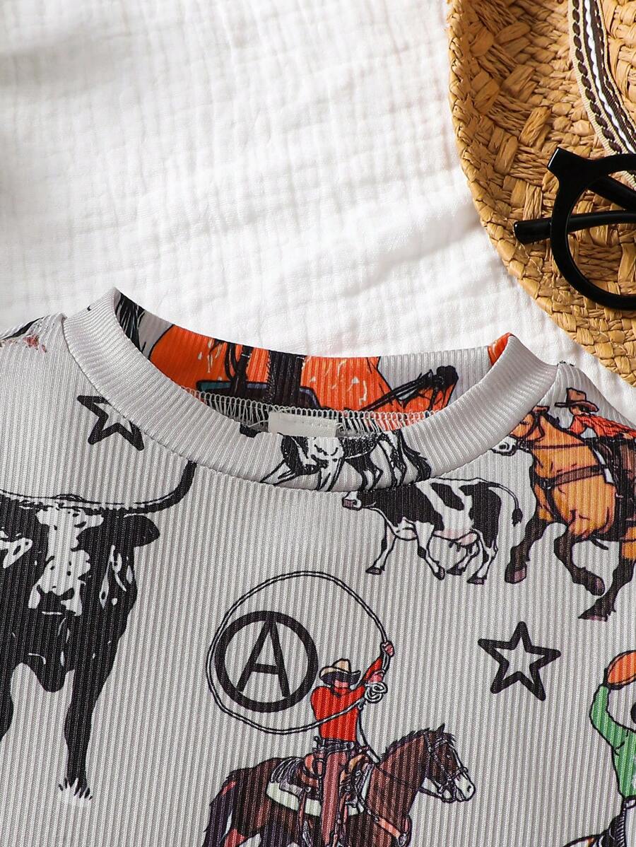 Baby Boy Casual Print Short Sleeve Romper Summer Crew Neck Outfit