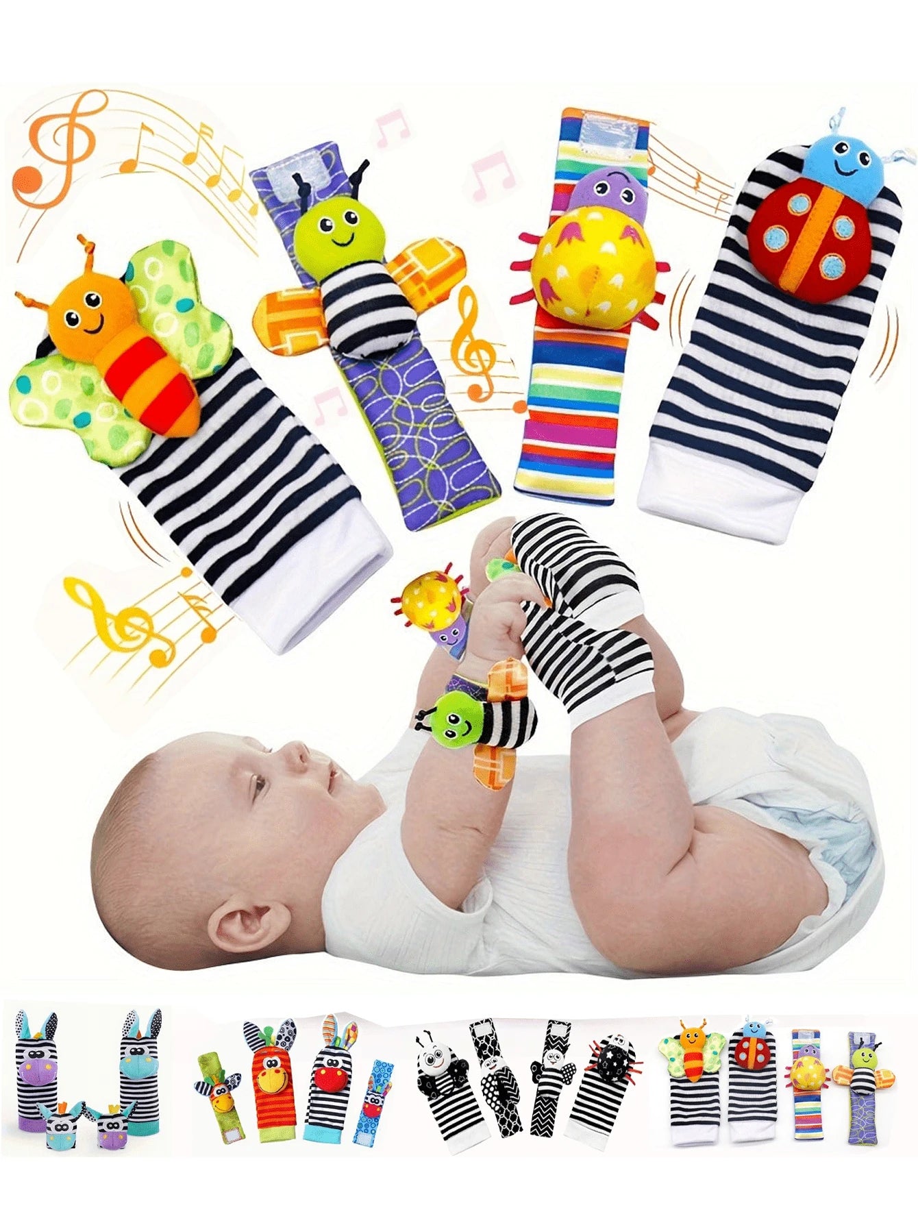 4pcs Baby Wrist Rattle and Foot Finder Toy Set Sensory Teething Toys for Infants Early Learning Gift