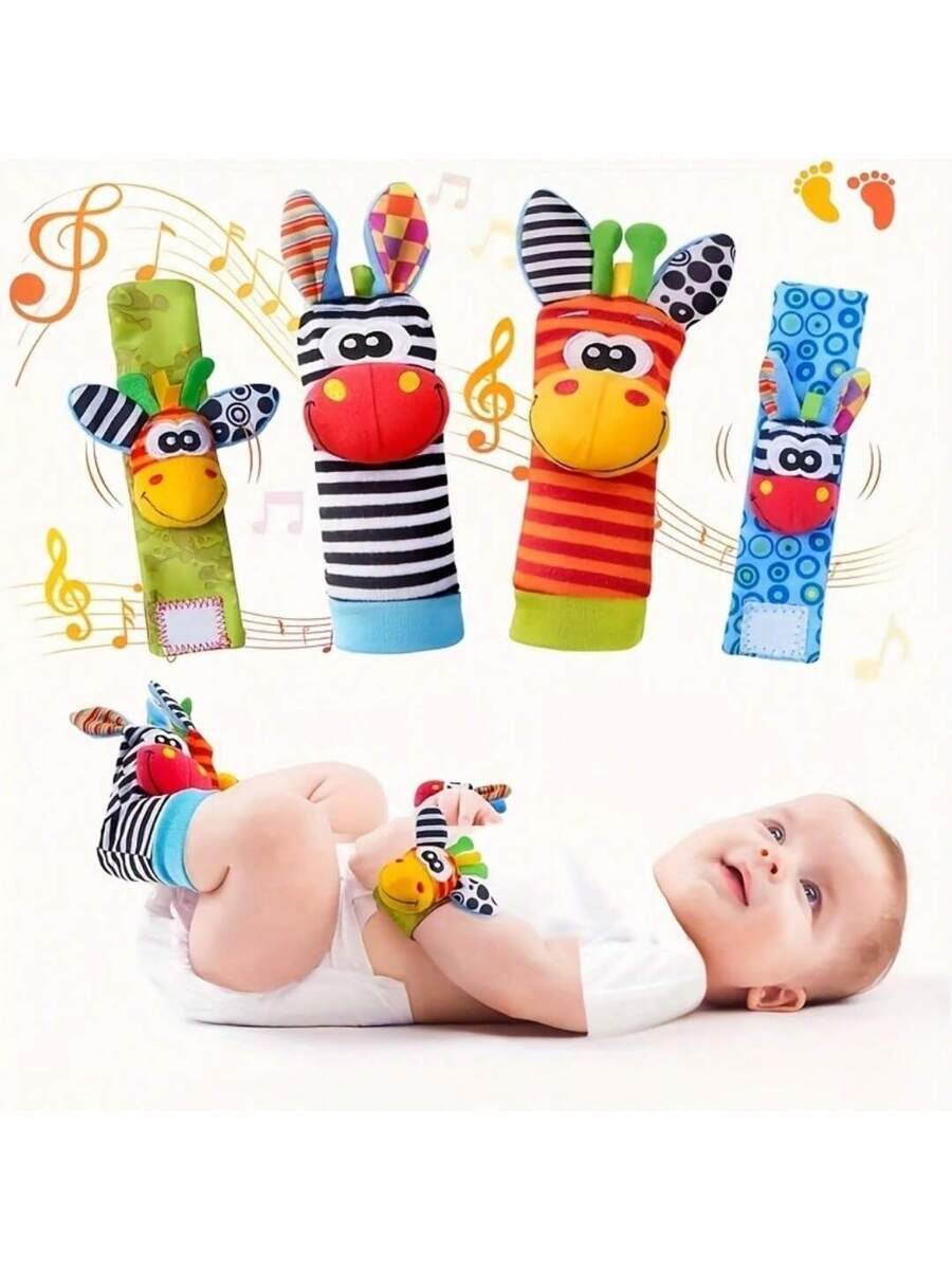 4pcs Baby Wrist Rattle and Foot Finder Toy Set Sensory Teething Toys for Infants Early Learning Gift