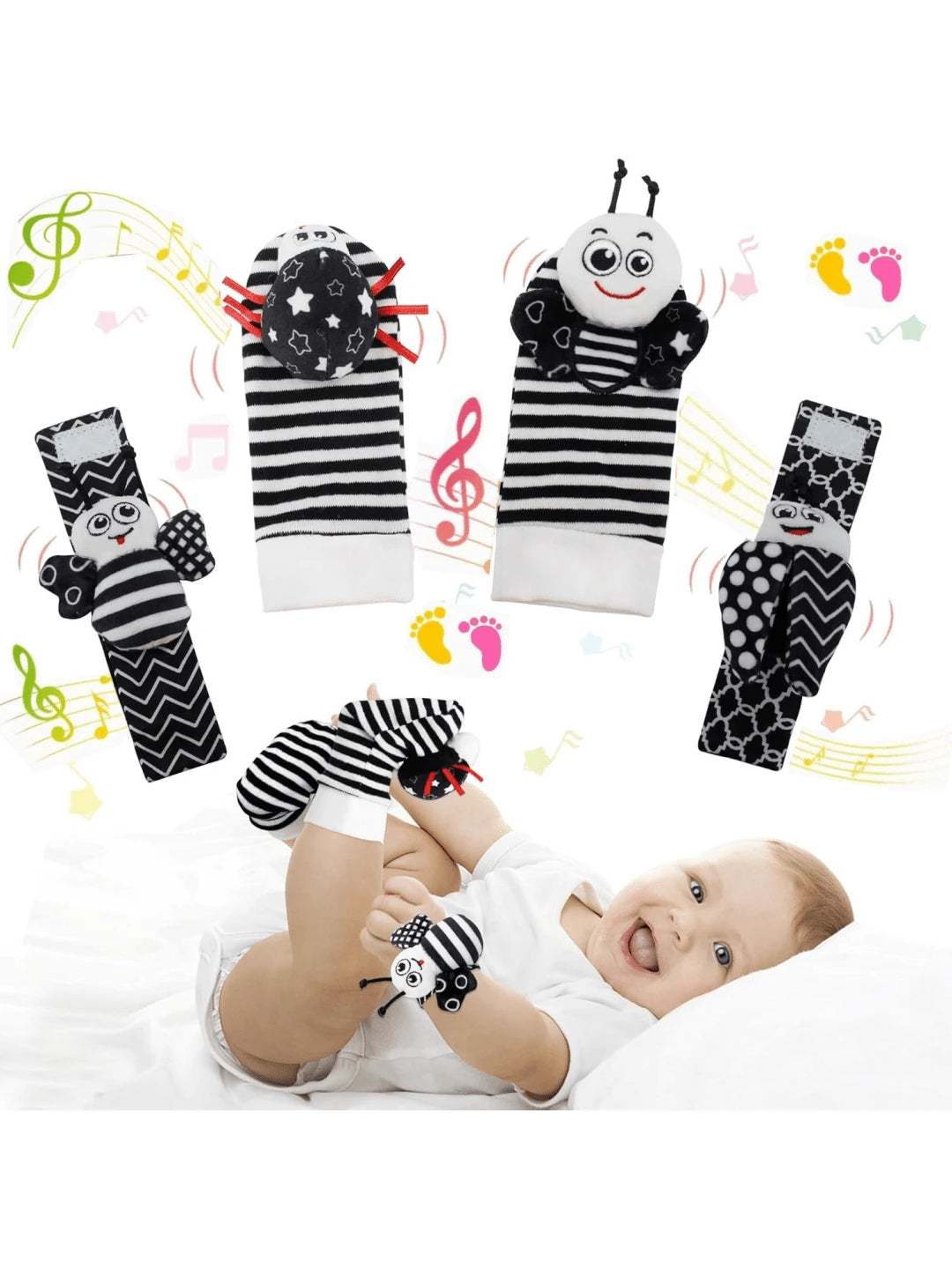 4pcs Baby Wrist Rattle and Foot Finder Toy Set Sensory Teething Toys for Infants Early Learning Gift