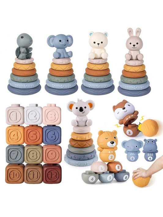 Baby Sensory Learning Toy Set – Soft Number Blocks, Animal Bowling Balls & Rainbow Stacking Rings