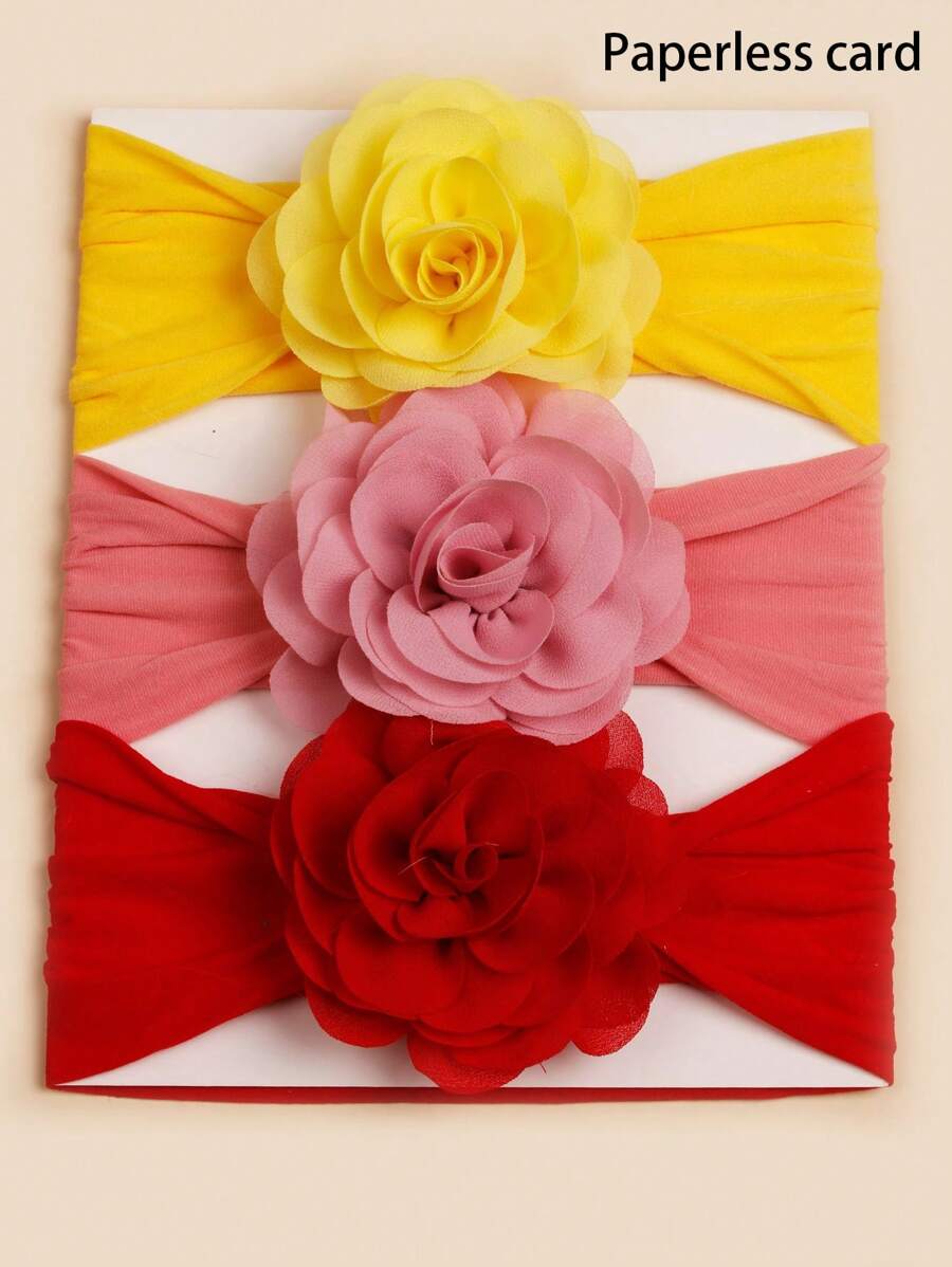 3pcs Rose Flower Pink Baby Headbands for Birthday and Valentines Wear