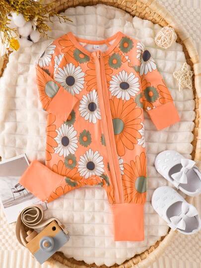 Baby Girl Floral Print Zip Up Long Sleeve Jumpsuit Casual Spring Autumn One Piece Outfit