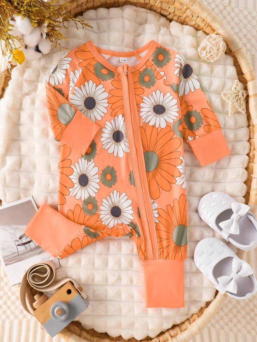 Baby Girl Floral Print Zip Up Long Sleeve Jumpsuit Casual Spring Autumn One Piece Outfit