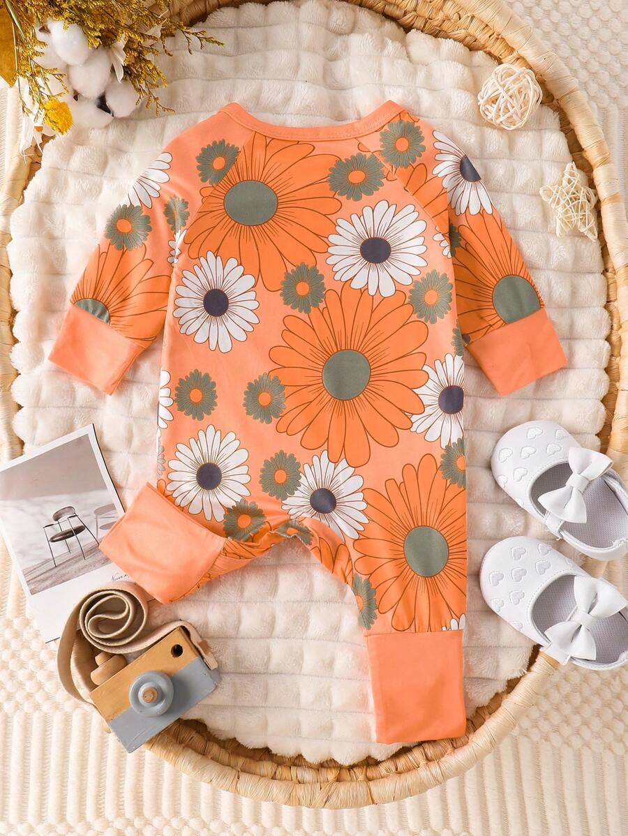 Baby Girl Floral Print Zip Up Long Sleeve Jumpsuit Casual Spring Autumn One Piece Outfit