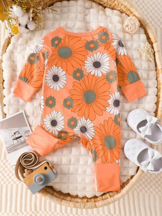 Baby Girl Floral Print Zip Up Long Sleeve Jumpsuit Casual Spring Autumn One Piece Outfit