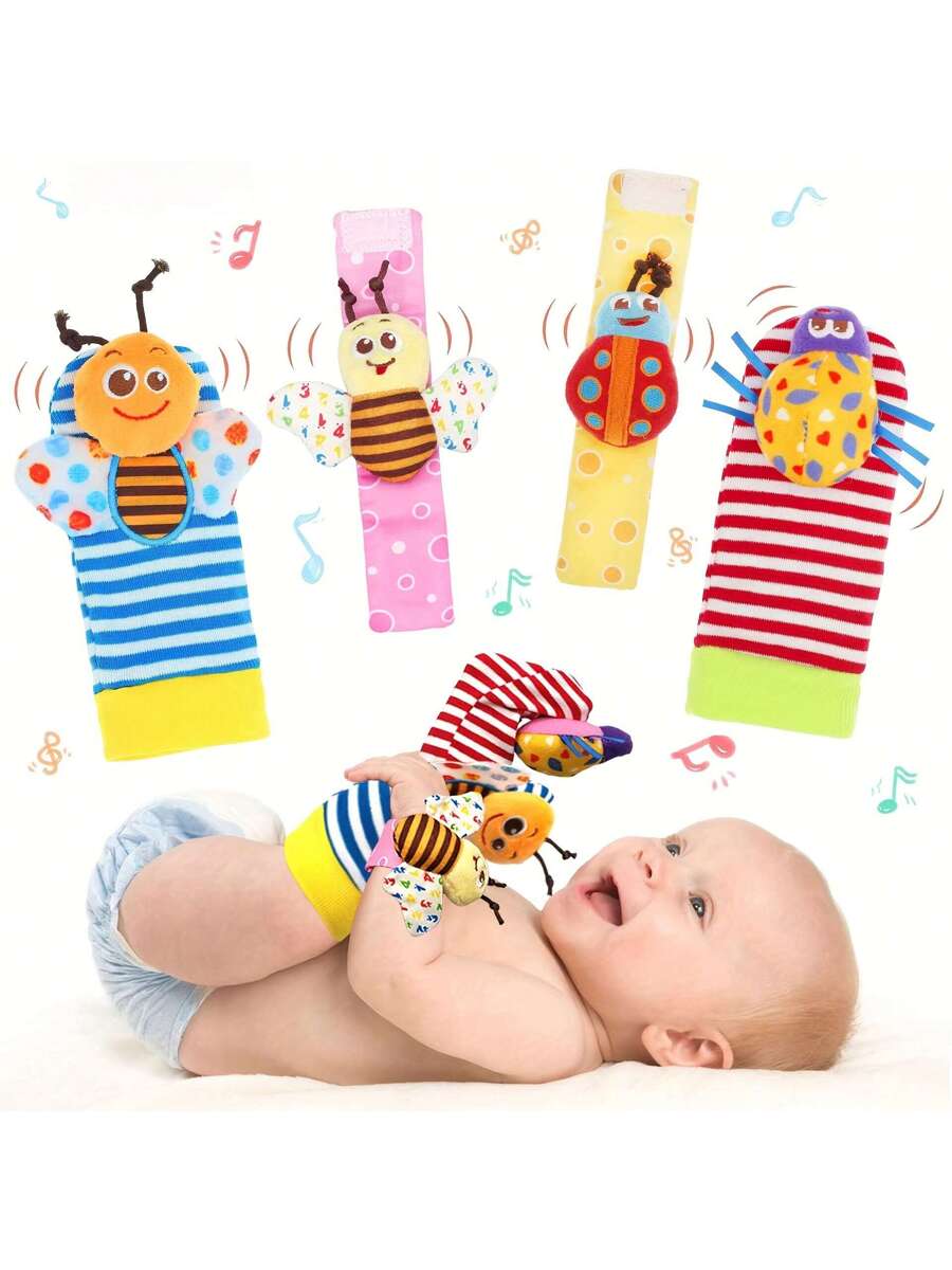4pcs Baby Wrist Rattle and Foot Finder Toy Set Sensory Teething Toys for Infants Early Learning Gift