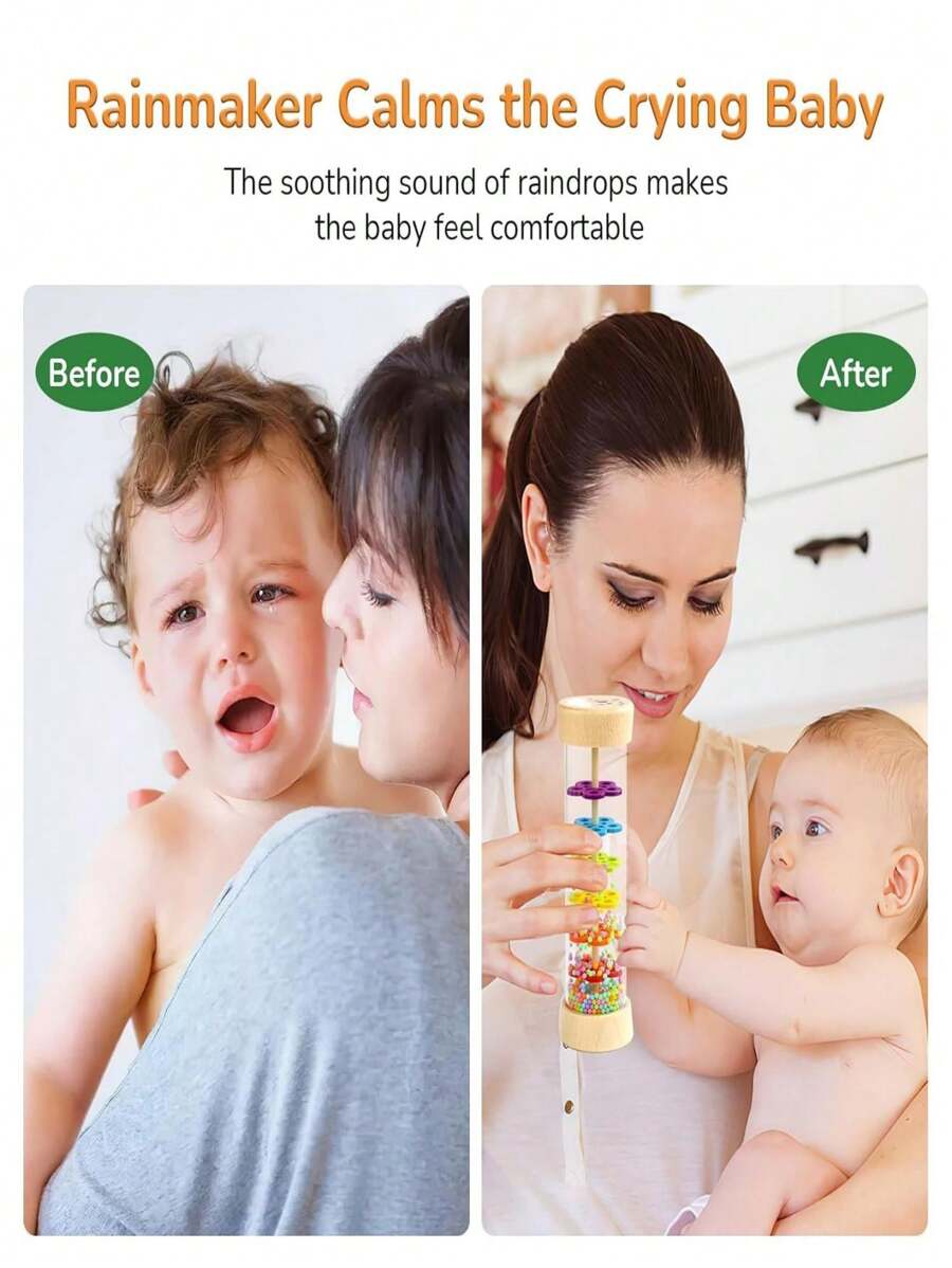 Wooden Rain Stick Montessori Rattle Toy for Baby Sensory Learning and Musical Play