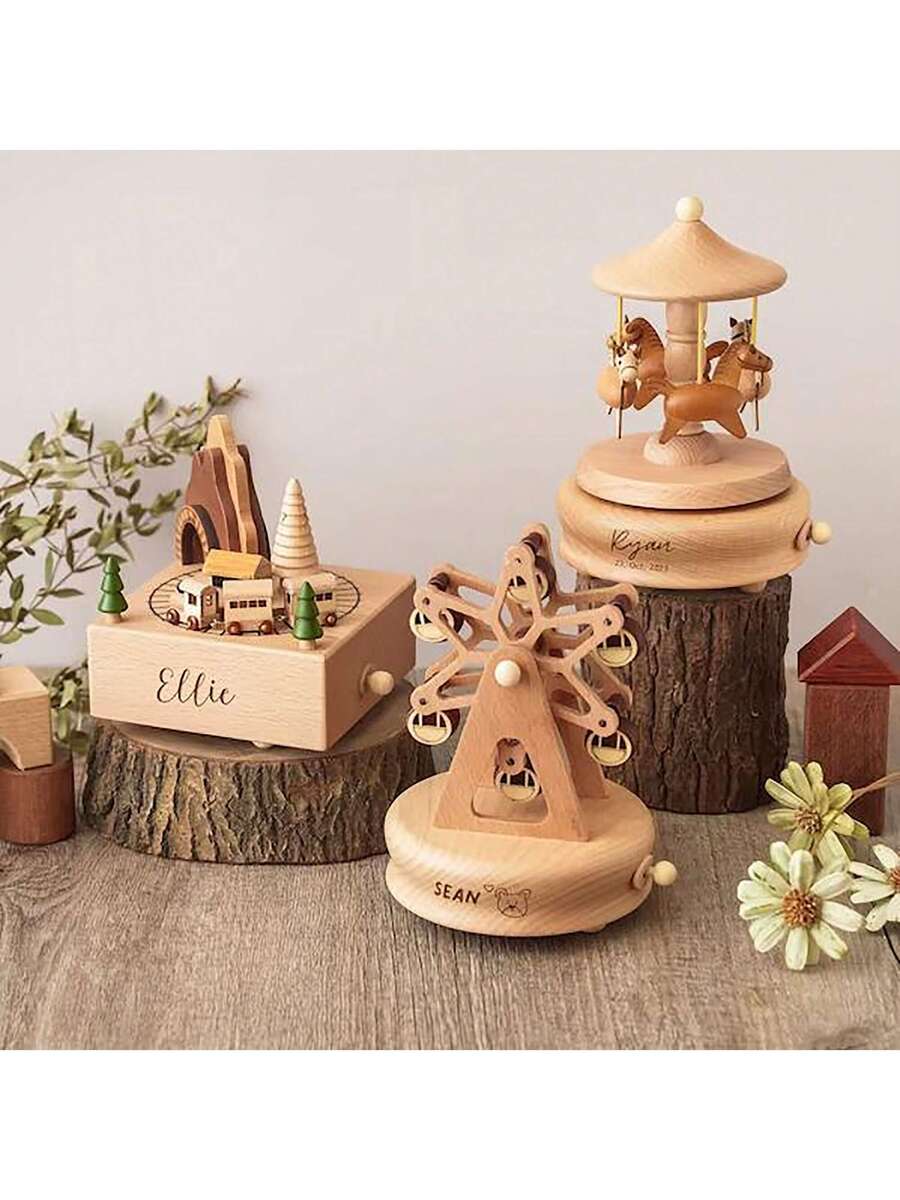 Personalized Wooden Carousel Music Box – Engraved Horse Gift