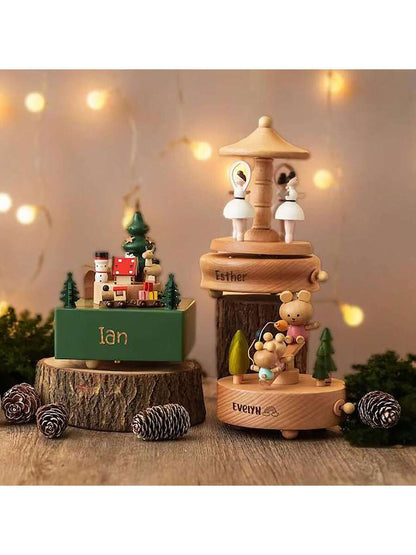 Personalized Wooden Carousel Music Box – Engraved Horse Gift
