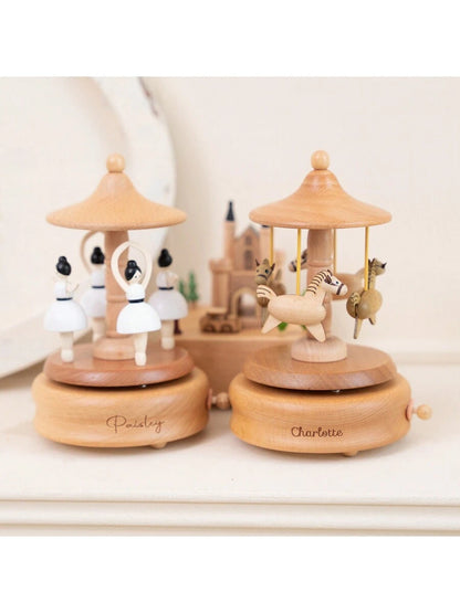 Personalized Wooden Carousel Music Box – Engraved Horse Gift