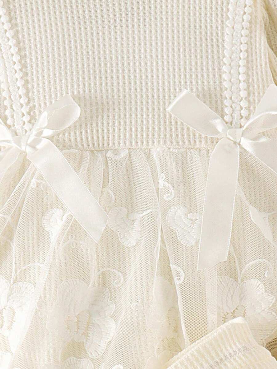 3PCS Baby Elegant Mesh Contrast Bodysuit Set with Headband and Socks for Autumn and Winter Wear