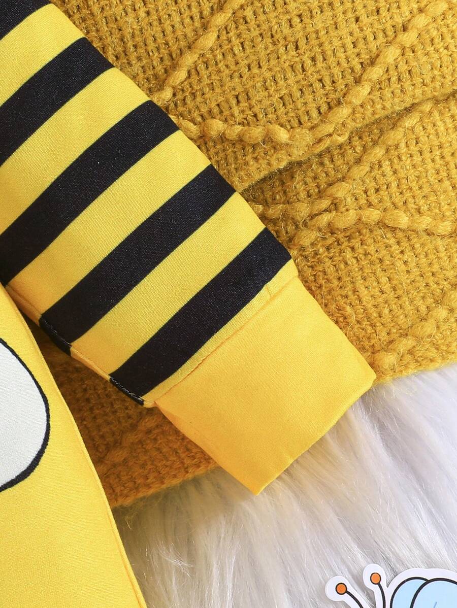 2PCS Baby Bee Print Button Jumpsuit Set with Matching Hat for Daily Wear