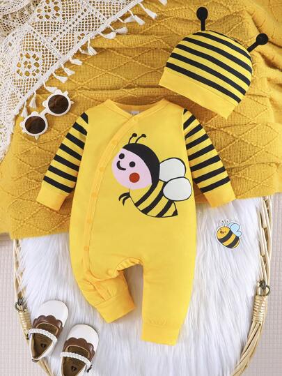 2PCS Baby Bee Print Button Jumpsuit Set with Matching Hat for Daily Wear