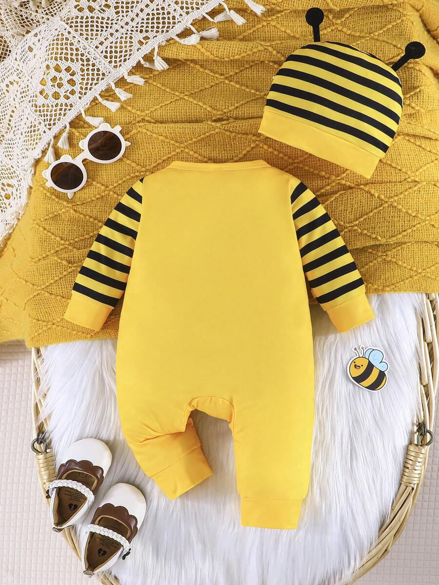 2PCS Baby Bee Print Button Jumpsuit Set with Matching Hat for Daily Wear
