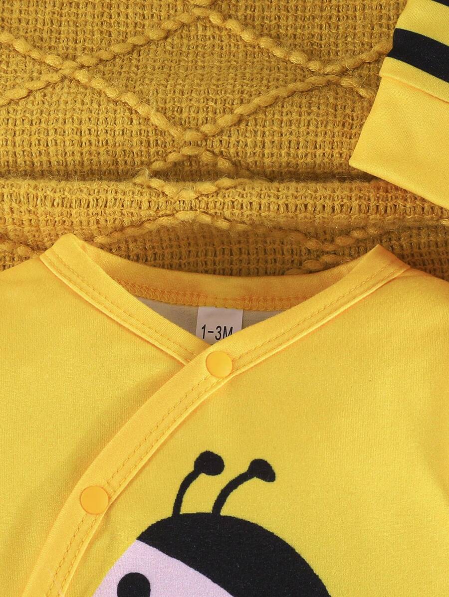 2PCS Baby Bee Print Button Jumpsuit Set with Matching Hat for Daily Wear