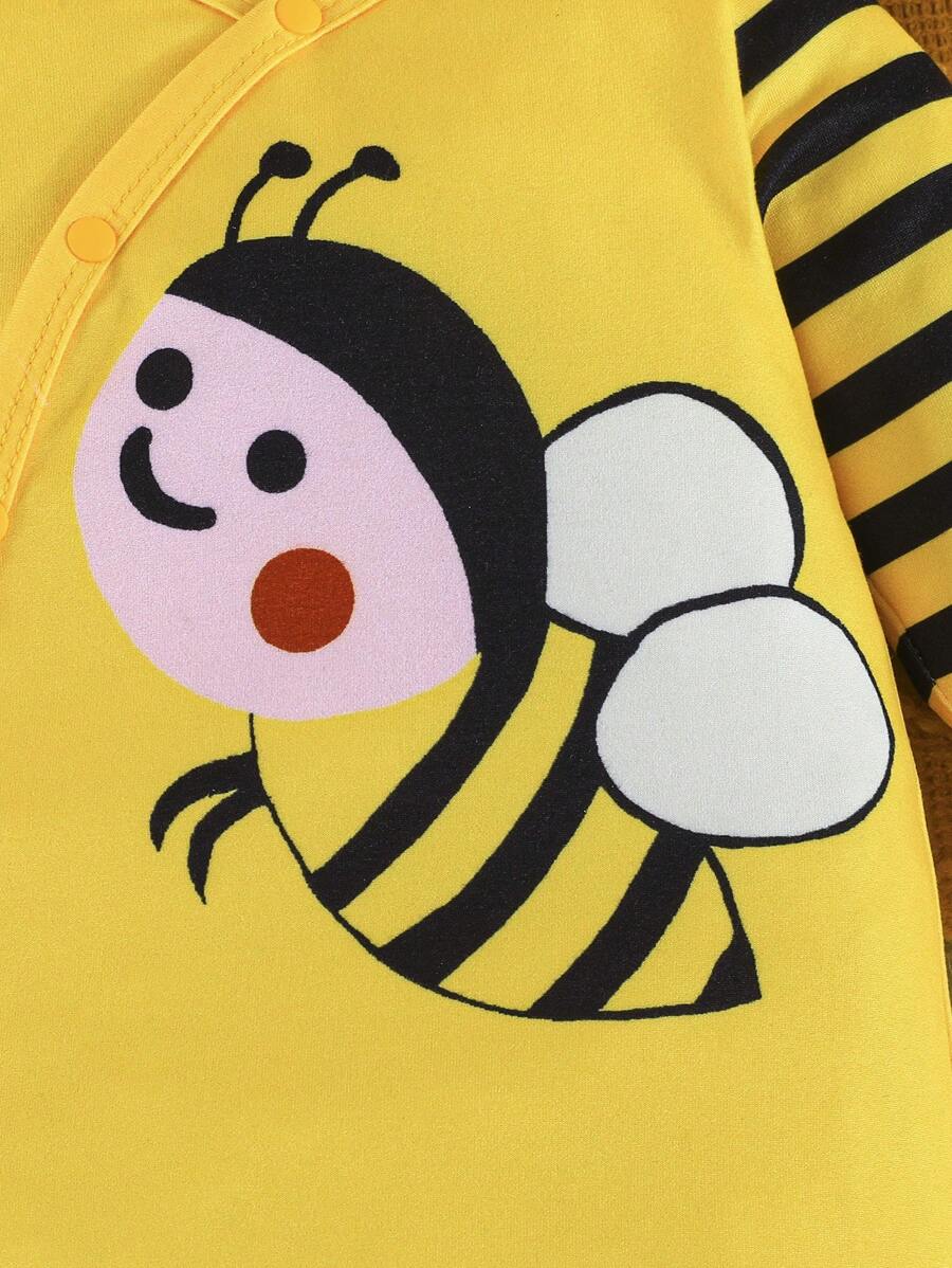 2PCS Baby Bee Print Button Jumpsuit Set with Matching Hat for Daily Wear