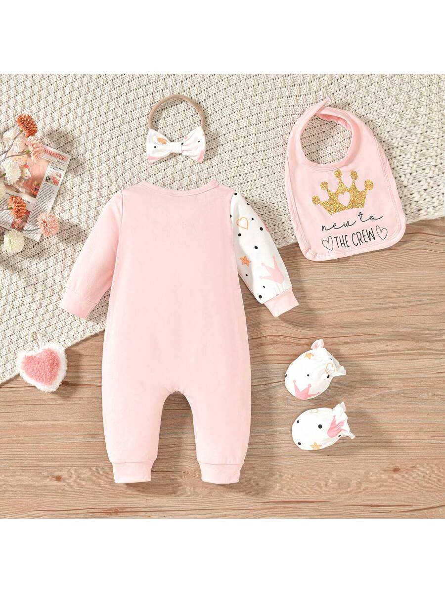 Adorable 4pcs Newborn Cow Print Set - Long Sleeve Jumpsuit, Headband, Bib & Mittens