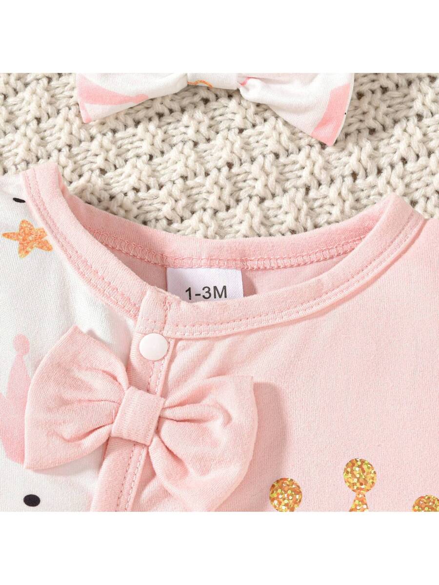 Adorable 4pcs Newborn Cow Print Set - Long Sleeve Jumpsuit, Headband, Bib & Mittens