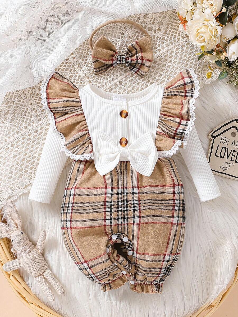 Baby Plaid Long Sleeve Jumpsuit with Matching Headband for Spring and Autumn