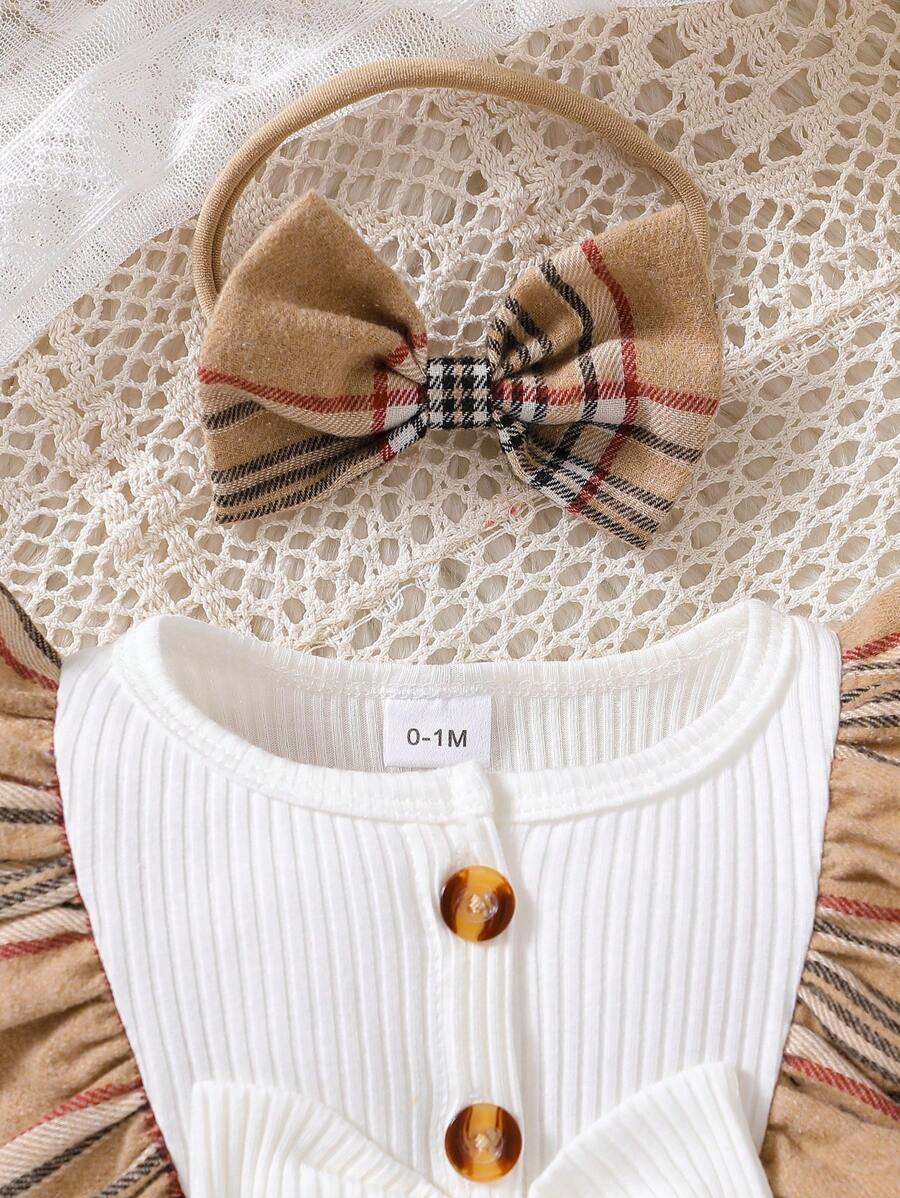 Baby Plaid Long Sleeve Jumpsuit with Matching Headband for Spring and Autumn