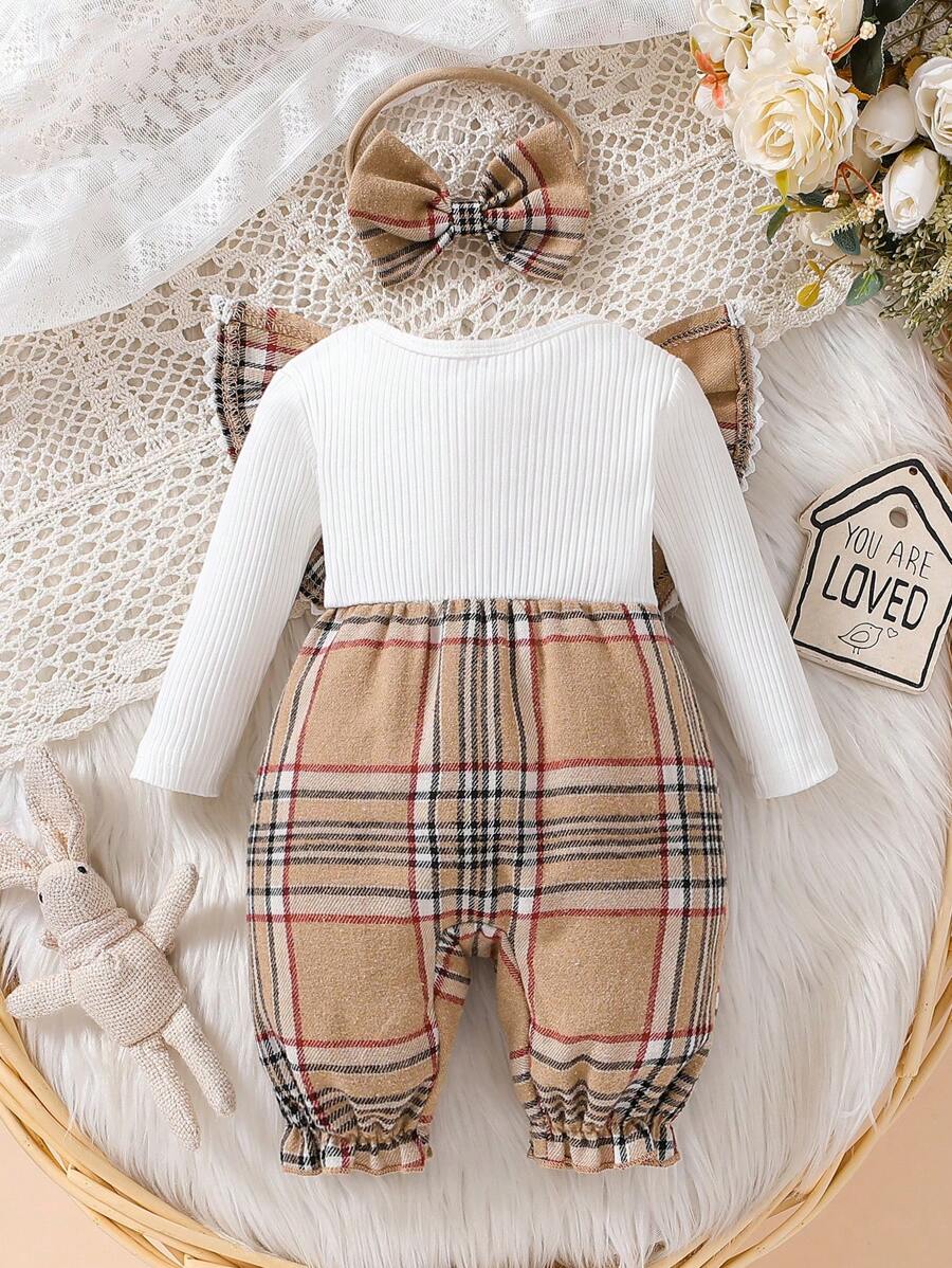 Baby Plaid Long Sleeve Jumpsuit with Matching Headband for Spring and Autumn