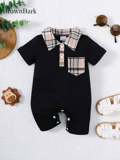 Newborn Baby Boy Plaid Texture Polo Short Sleeve Jumpsuit Casual Summer Outfit for Daily Wear