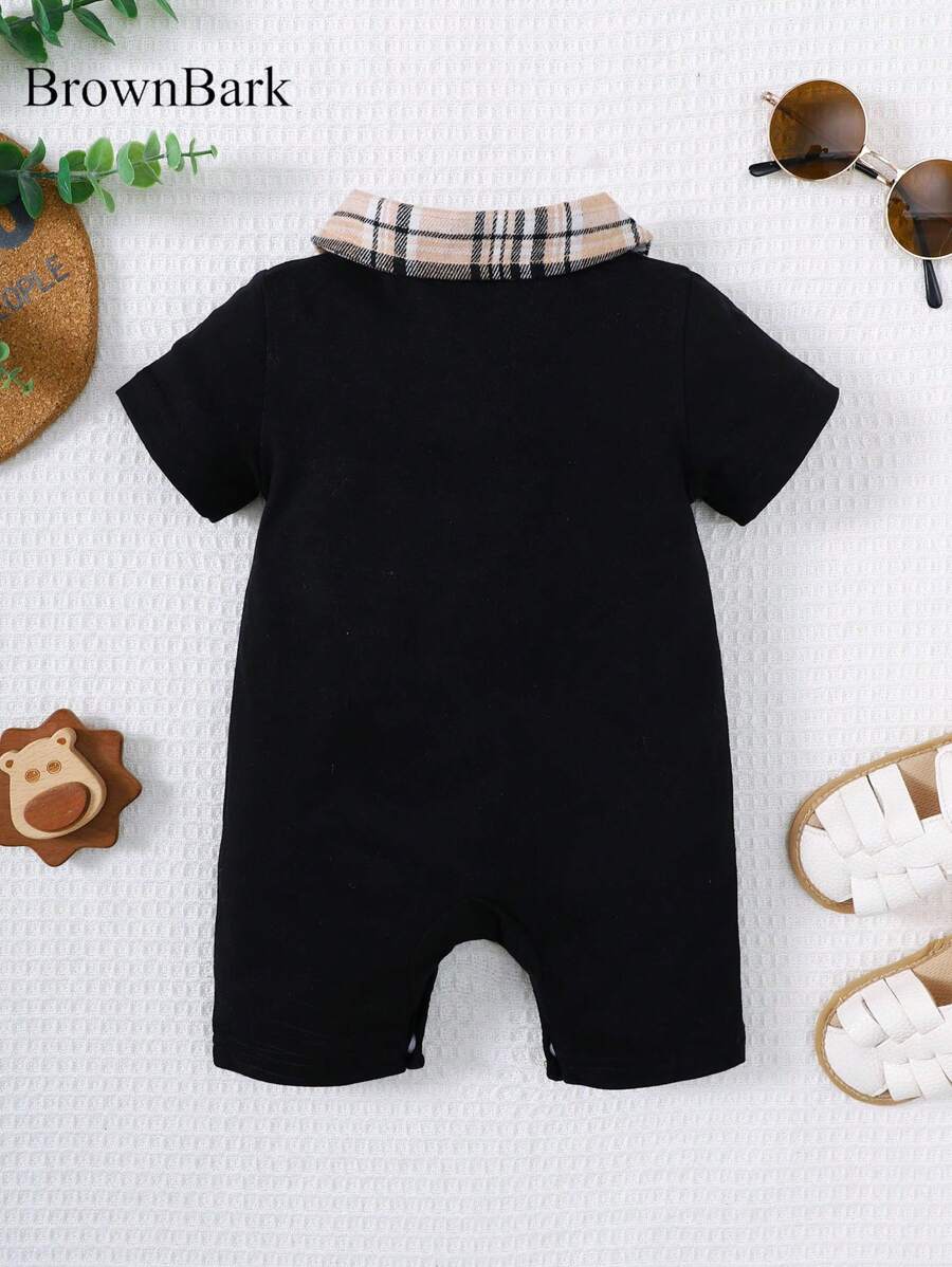 Newborn Baby Boy Plaid Texture Polo Short Sleeve Jumpsuit Casual Summer Outfit for Daily Wear