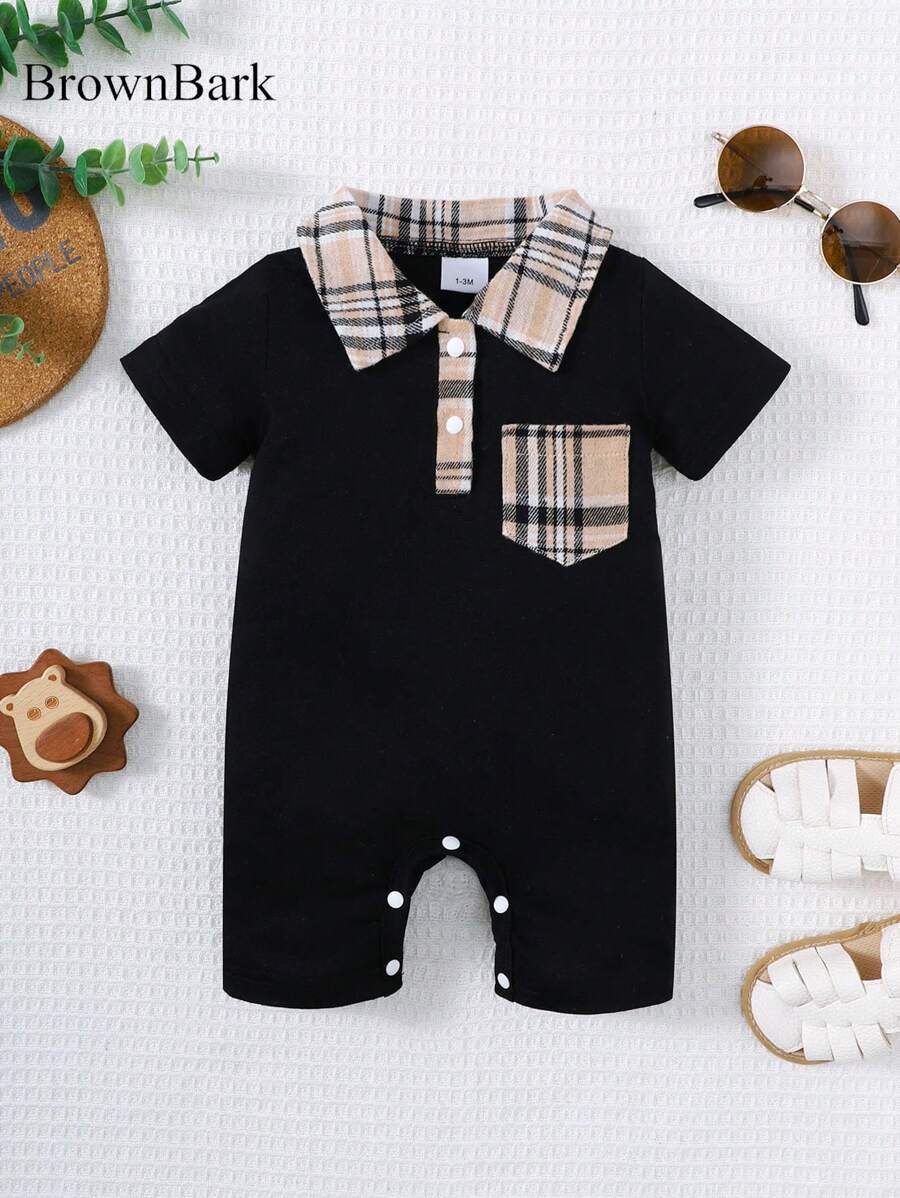 Newborn Baby Boy Plaid Texture Polo Short Sleeve Jumpsuit Casual Summer Outfit for Daily Wear