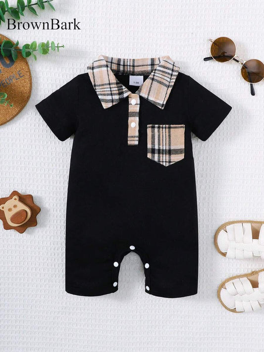 Newborn Baby Boy Plaid Texture Polo Short Sleeve Jumpsuit Casual Summer Outfit for Daily Wear
