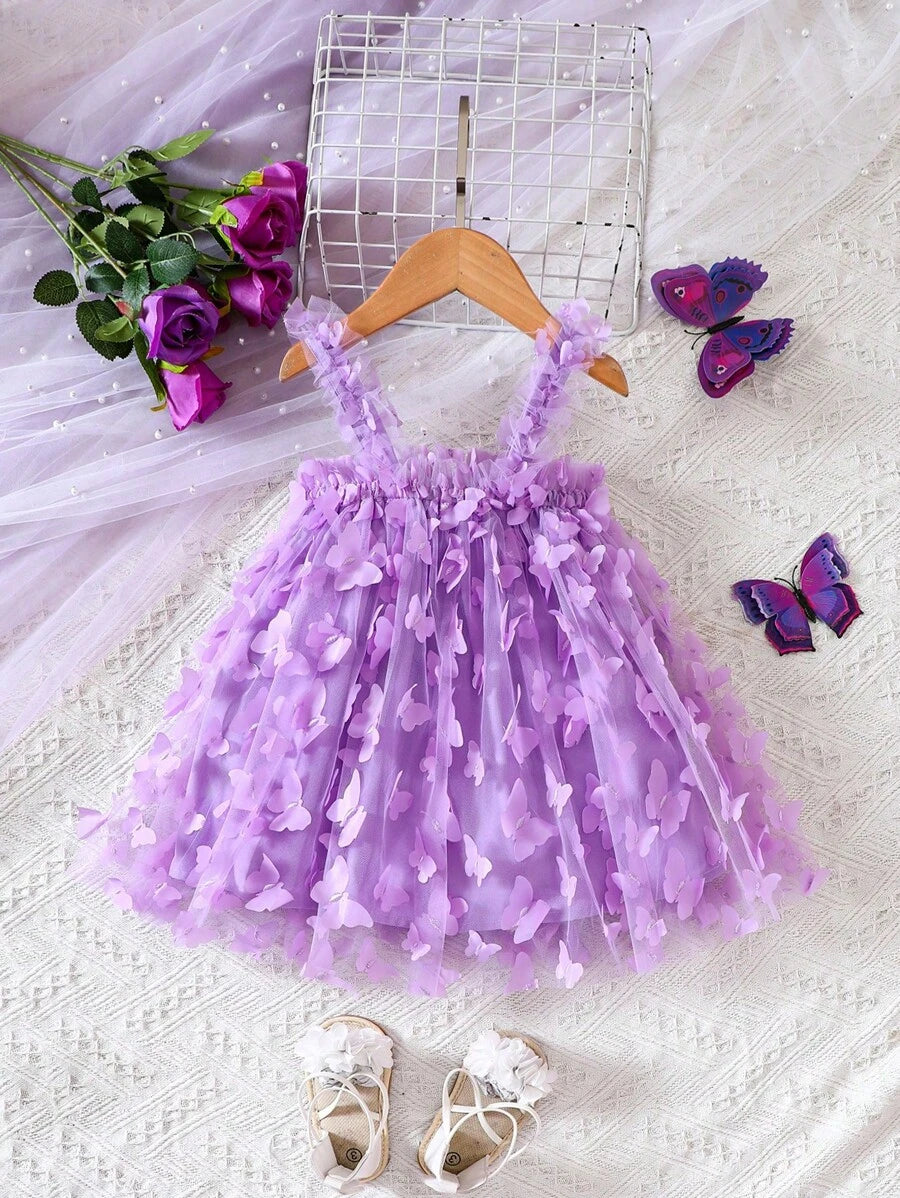 Baby Girl Butterfly Appliques Mesh Overlay Princess Dress for Birthday Party