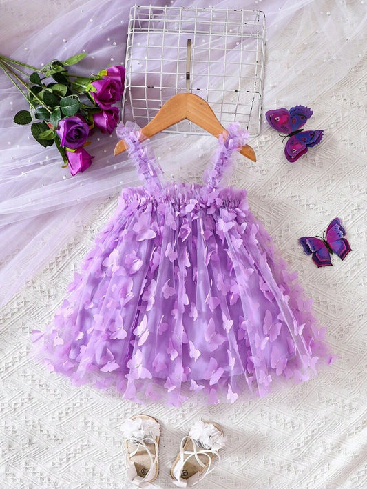 Baby Girl Butterfly Appliques Mesh Overlay Princess Dress for Birthday Party