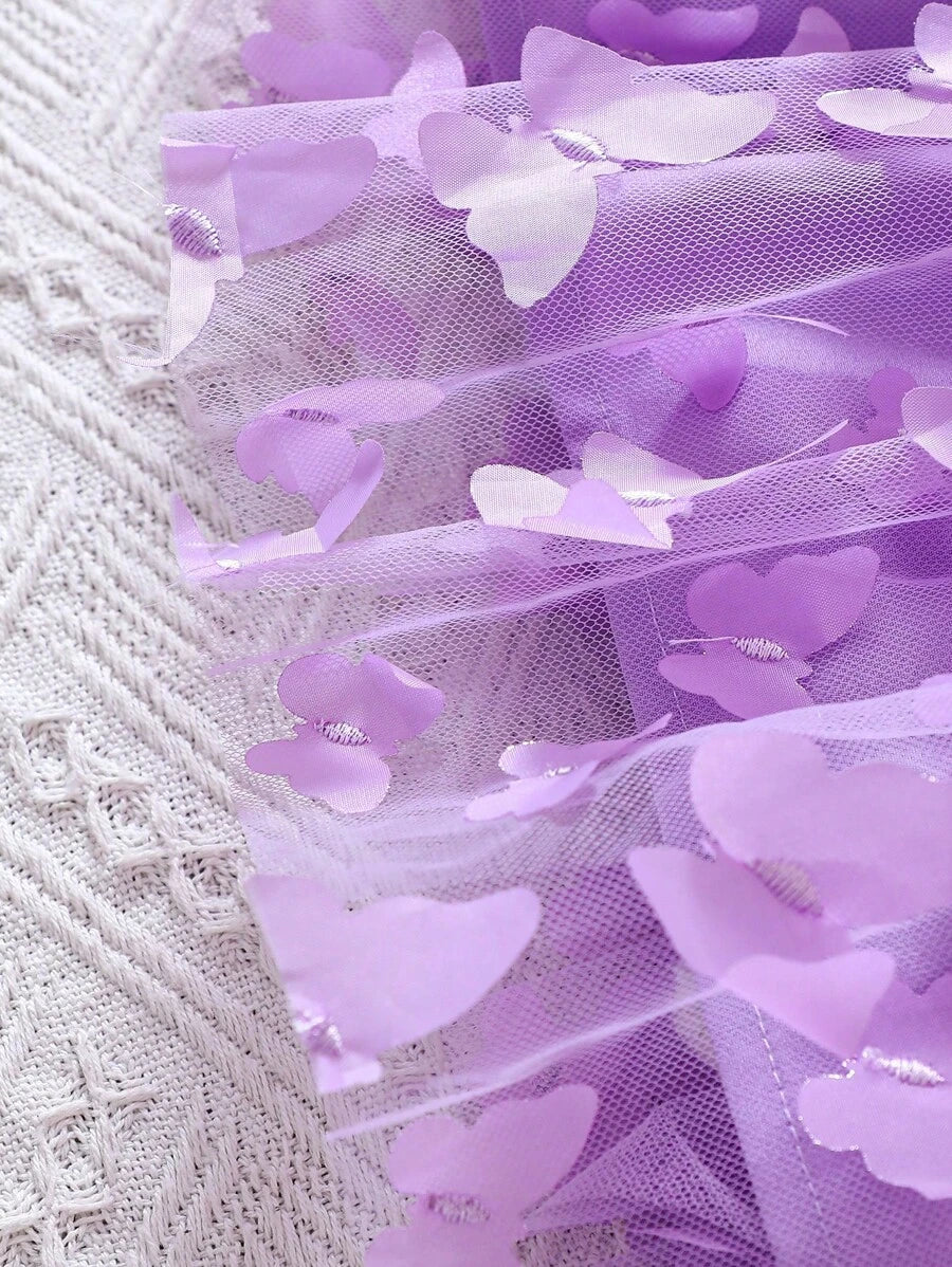 Baby Girl Butterfly Appliques Mesh Overlay Princess Dress for Birthday Party