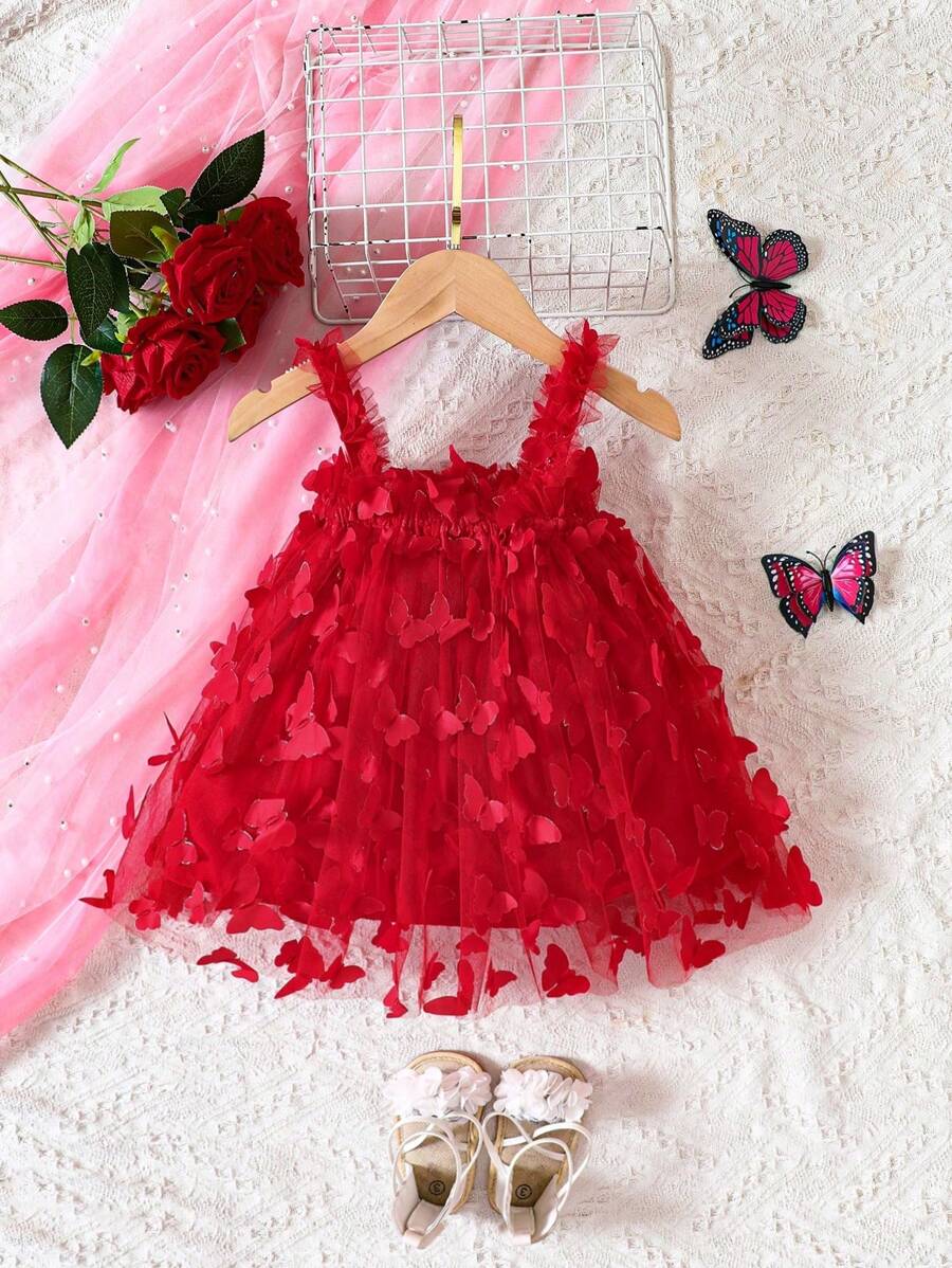 Baby Girl Butterfly Appliques Mesh Overlay Princess Dress for Birthday Party