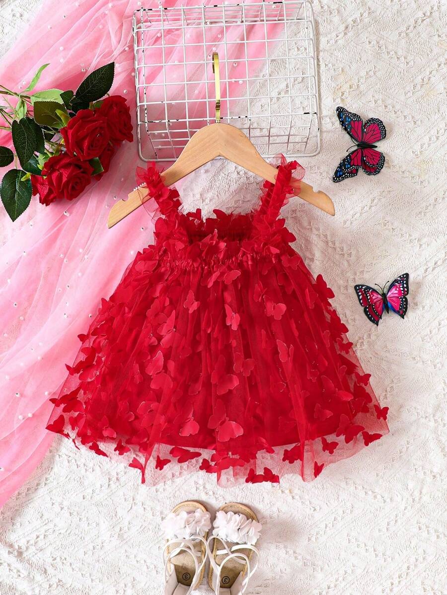 Baby Girl Butterfly Appliques Mesh Overlay Princess Dress for Birthday Party