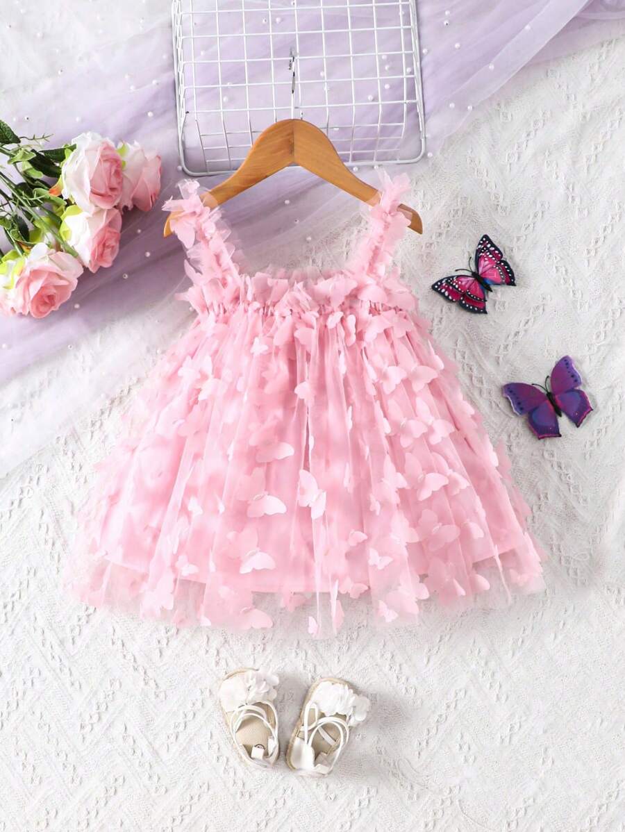 Baby Girl Butterfly Appliques Mesh Overlay Princess Dress for Birthday Party